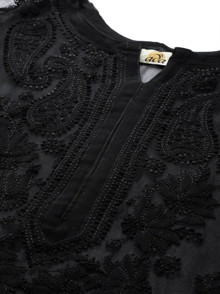 Black Faux Georgette Long Chikankari Kurta