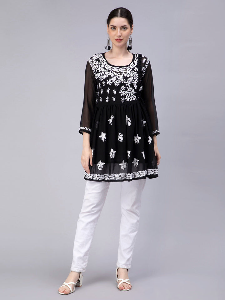 Black Georgette Angarkha Chikankari Tunic Top With Slip