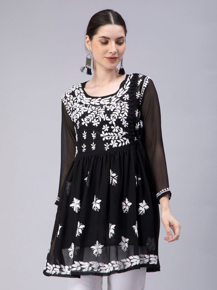 Black Georgette Angarkha Chikankari Tunic Top With Slip