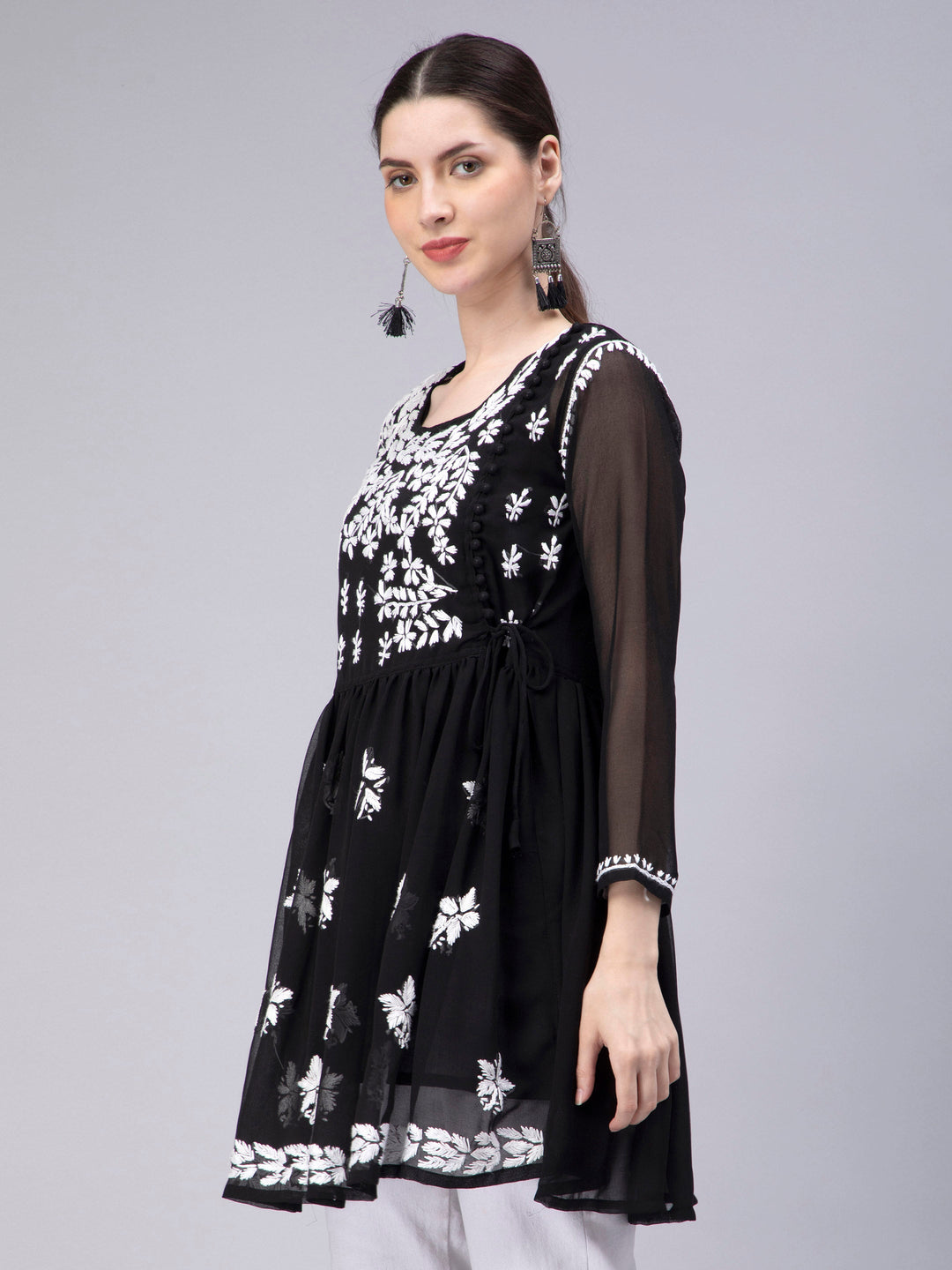 Black Georgette Angarkha Chikankari Tunic Top With Slip