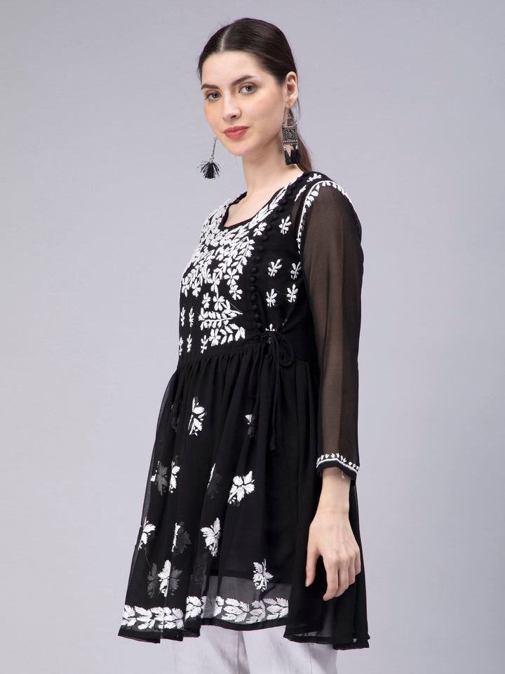 Black Georgette Angarkha Chikankari Tunic Top With Slip