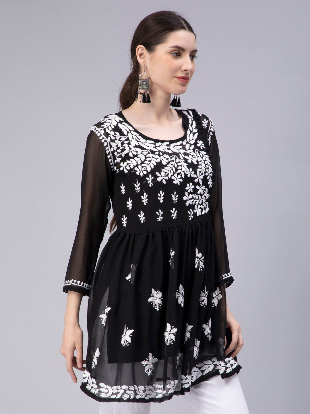 Black Georgette Angarkha Chikankari Tunic Top With Slip