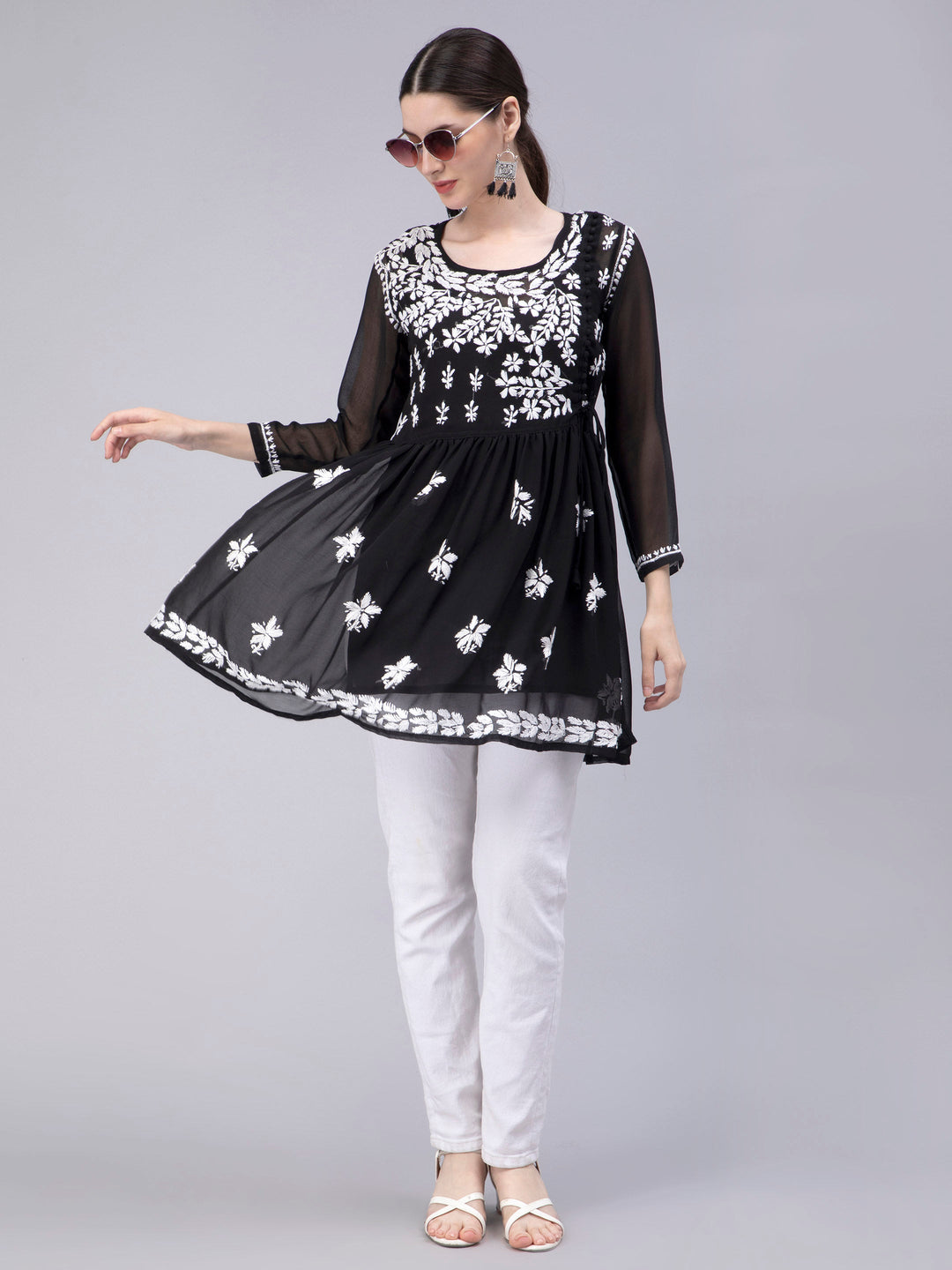 Black Georgette Angarkha Chikankari Tunic Top With Slip