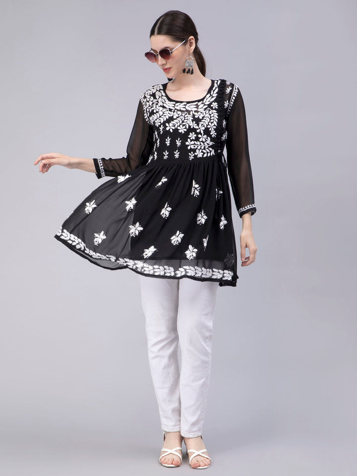 Black Georgette Angarkha Chikankari Tunic Top With Slip