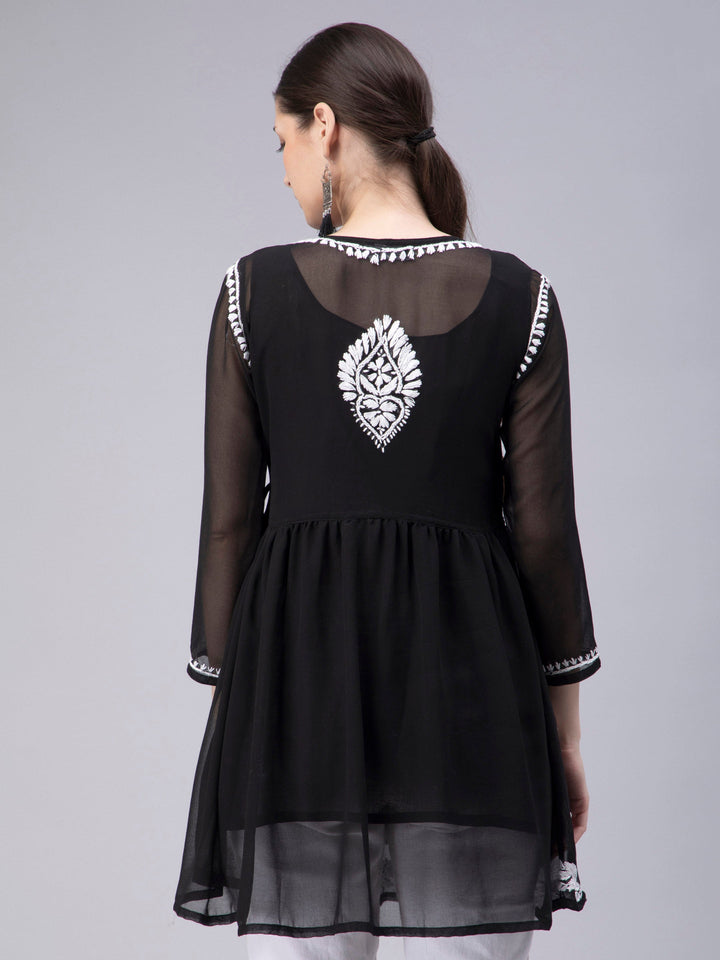 Black Georgette Angarkha Chikankari Tunic Top With Slip