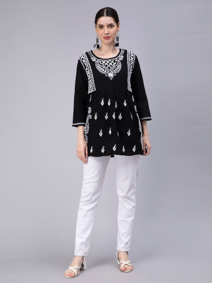 Black Georgette Chikankari Tunic Top With Slip