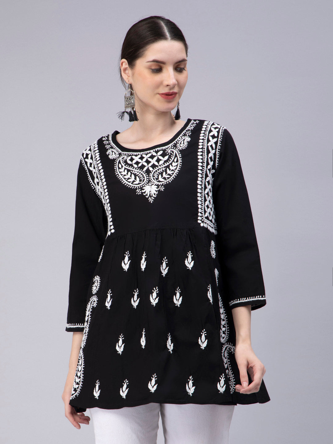 Black Georgette Chikankari Tunic Top With Slip