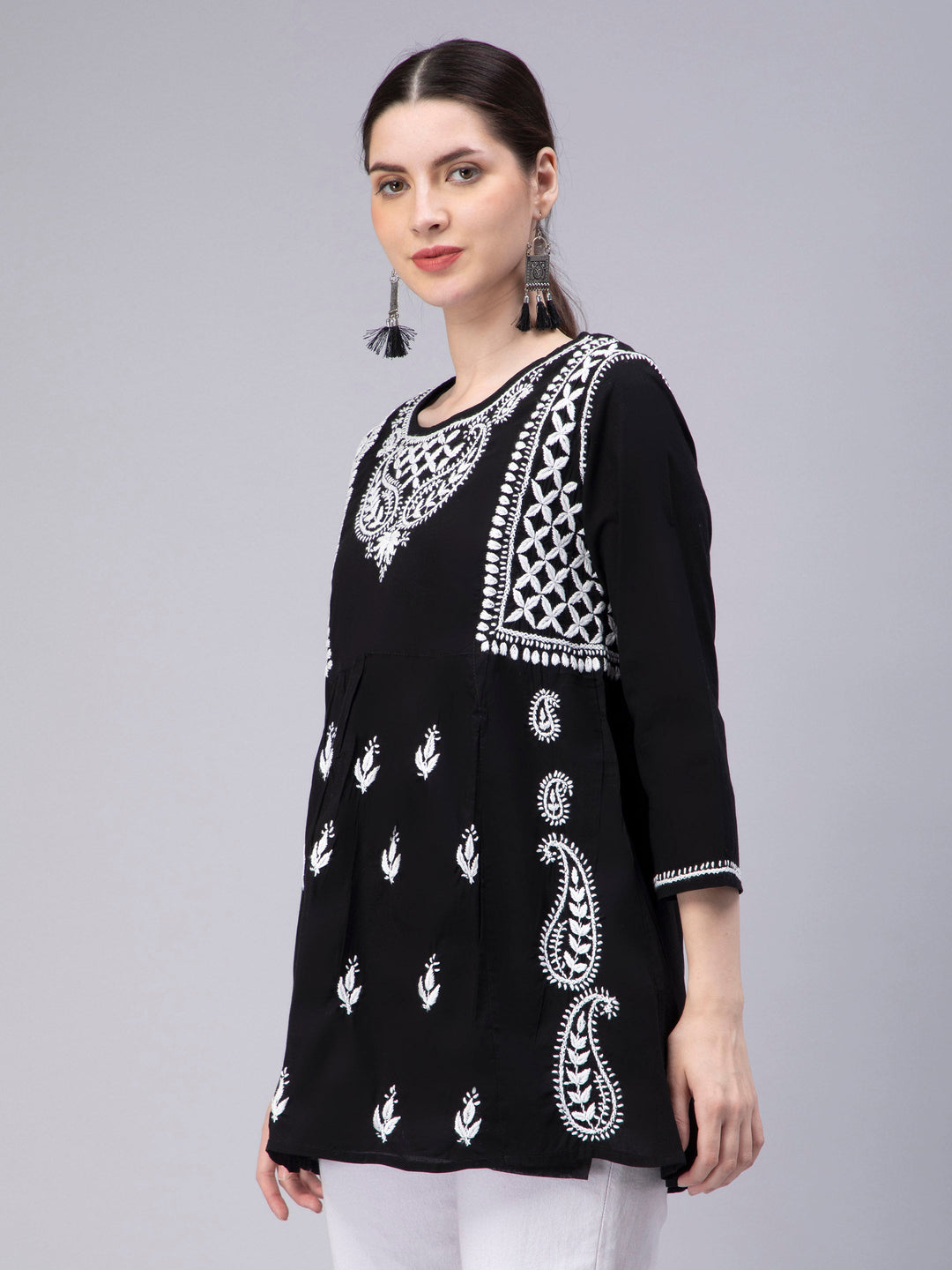 Black Georgette Chikankari Tunic Top With Slip