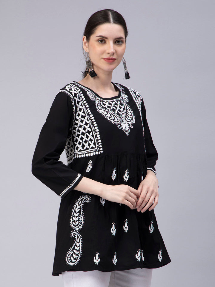 Black Georgette Chikankari Tunic Top With Slip