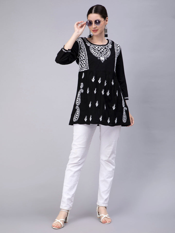 Black Georgette Chikankari Tunic Top With Slip