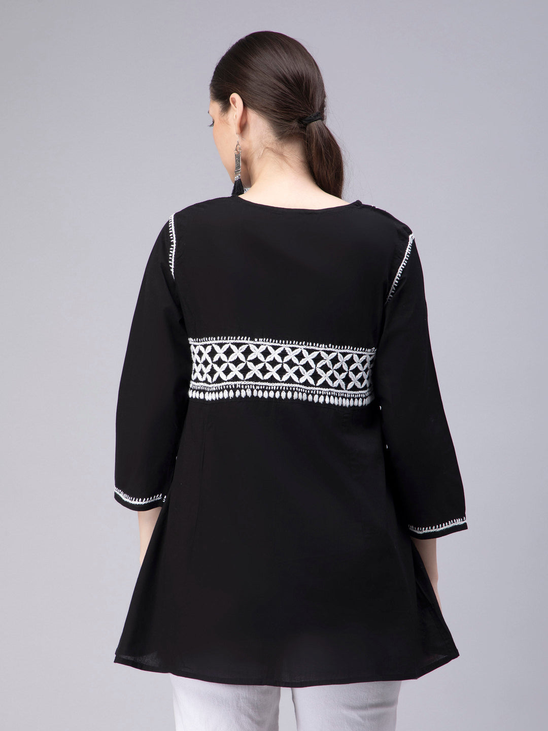 Black Georgette Chikankari Tunic Top With Slip