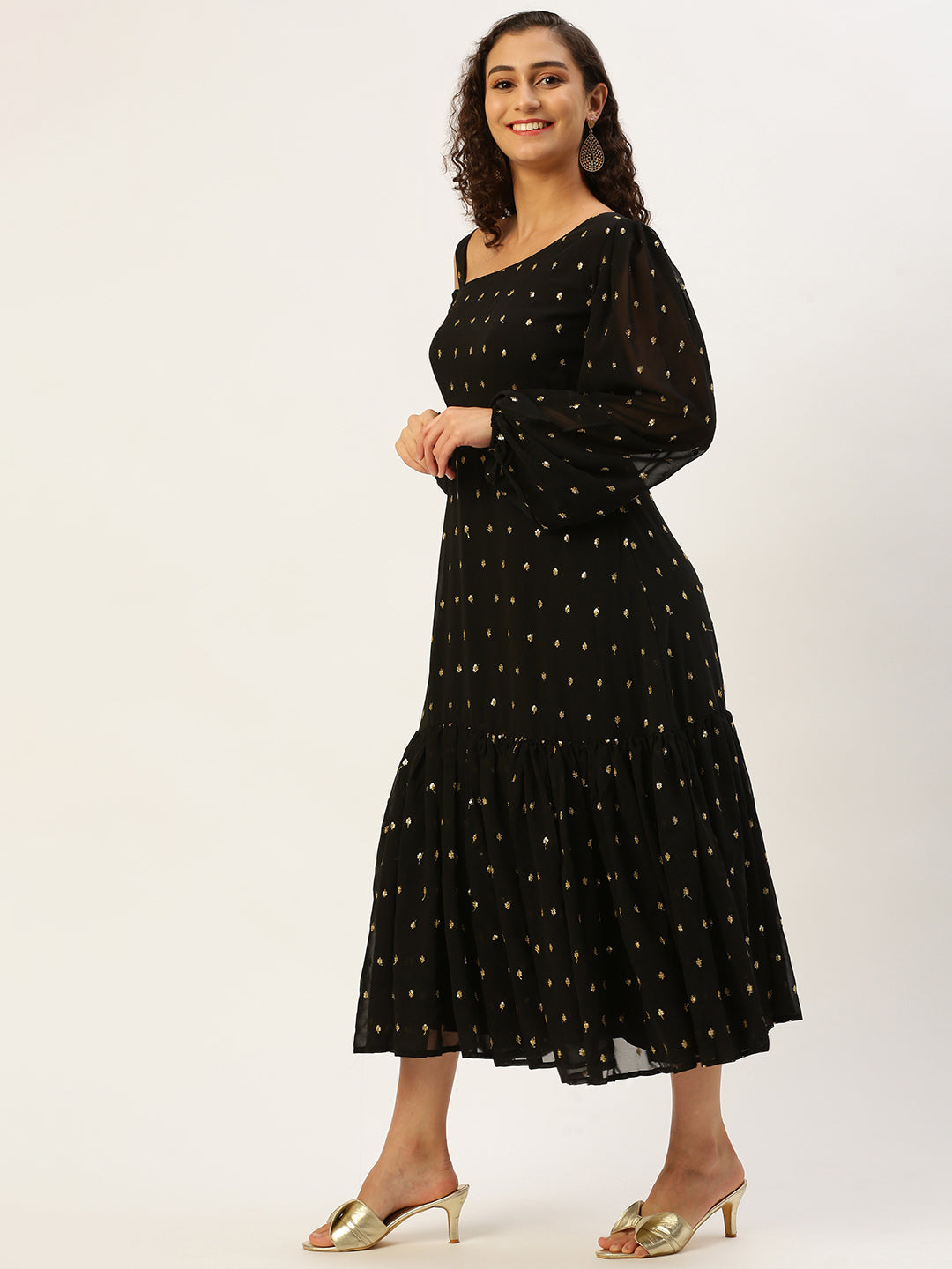 Black Georgette Embroidered Cold-Shoulder Dress