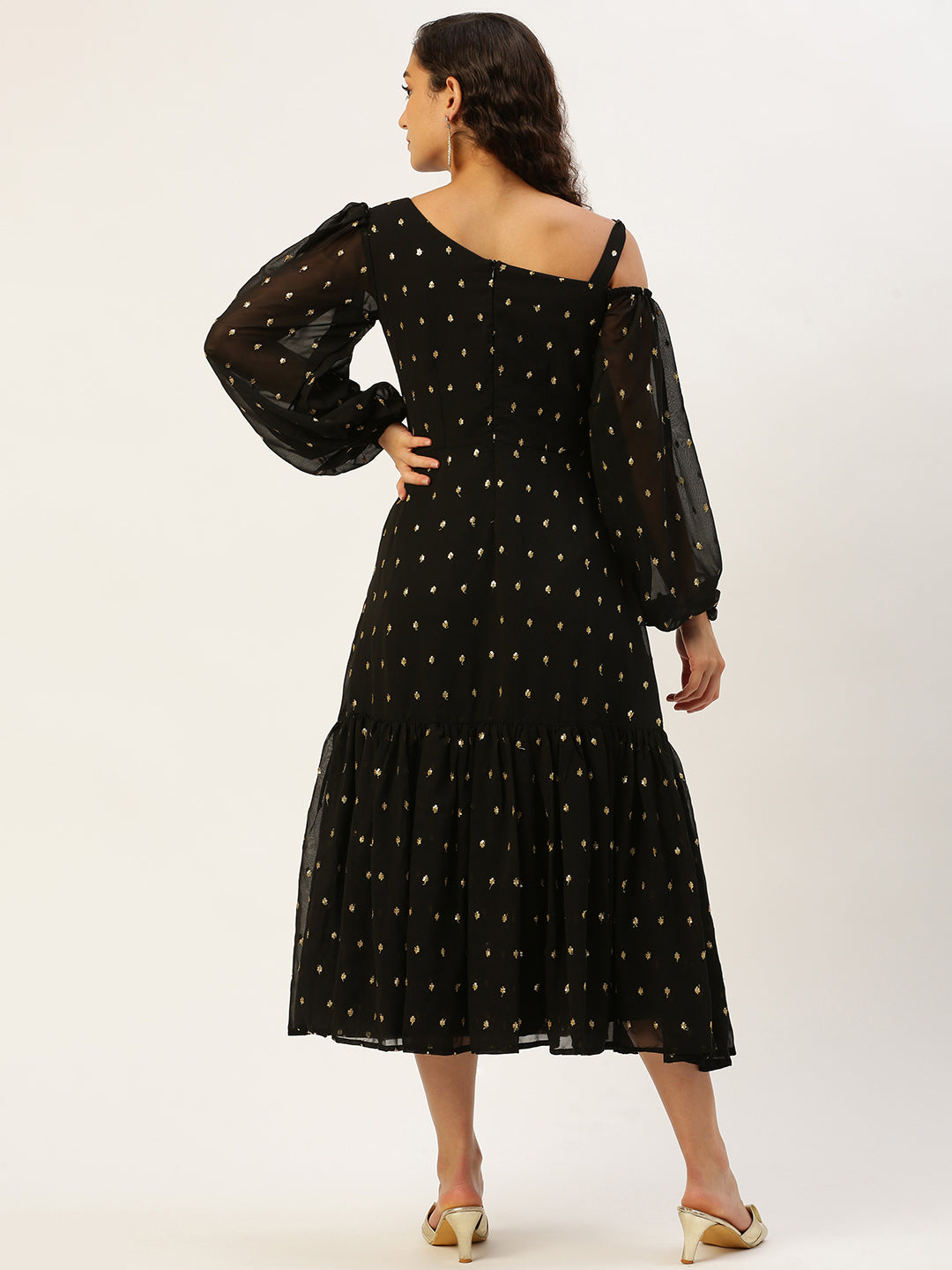 Black Georgette Embroidered Cold-Shoulder Dress