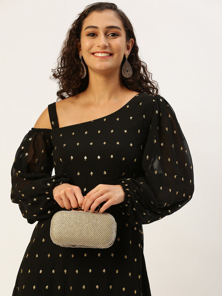 Black Georgette Embroidered Cold-Shoulder Dress