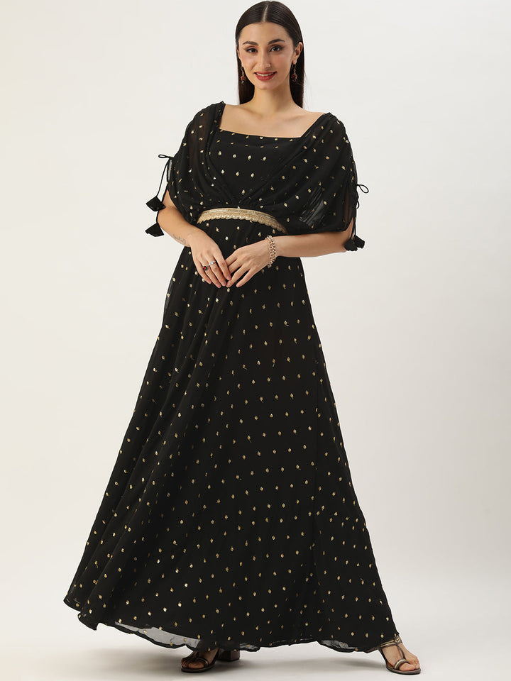 Black Georgette Embroidered Overlap Draped Gown