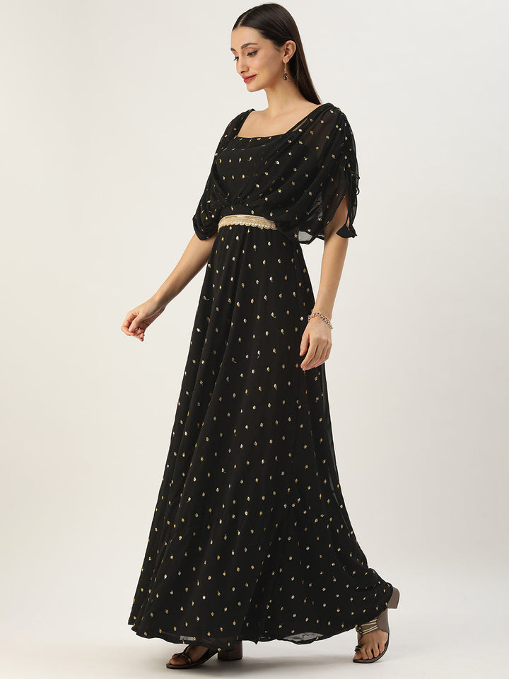 Black Georgette Embroidered Overlap Draped Gown