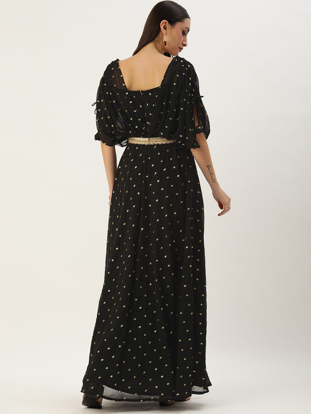 Black Georgette Embroidered Overlap Draped Gown