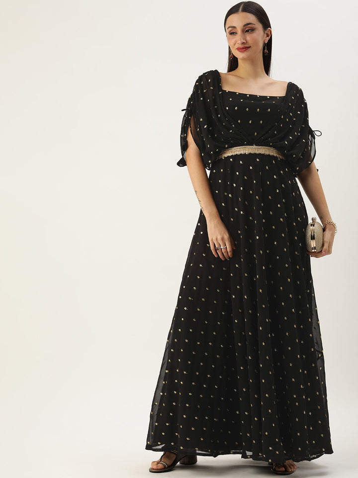 Black Georgette Embroidered Overlap Draped Gown