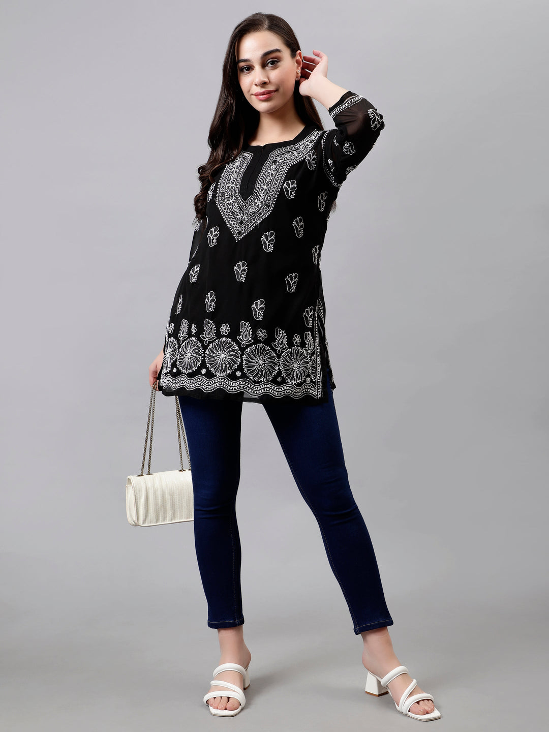 Black Georgette Lucknowi Chikankari Short Tunic with Slip