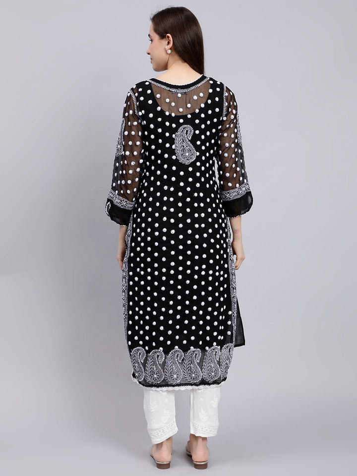 Black Georgette Polka Dot & Paisley Chikankari Kurti with Slip