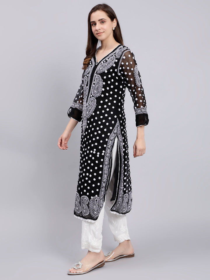 Black Georgette Polka Dot & Paisley Chikankari Kurti with Slip