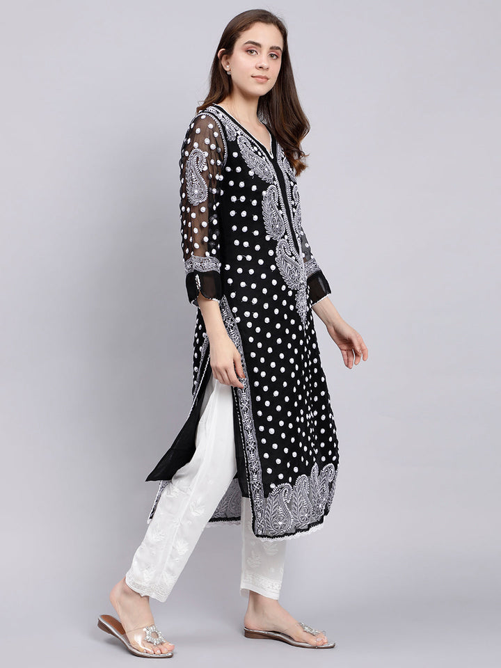 Black Georgette Polka Dot & Paisley Chikankari Kurti with Slip