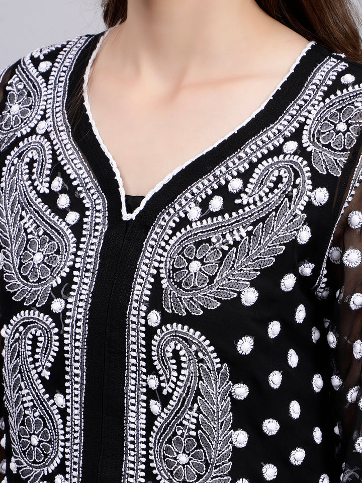 Black Georgette Polka Dot & Paisley Chikankari Kurti with Slip