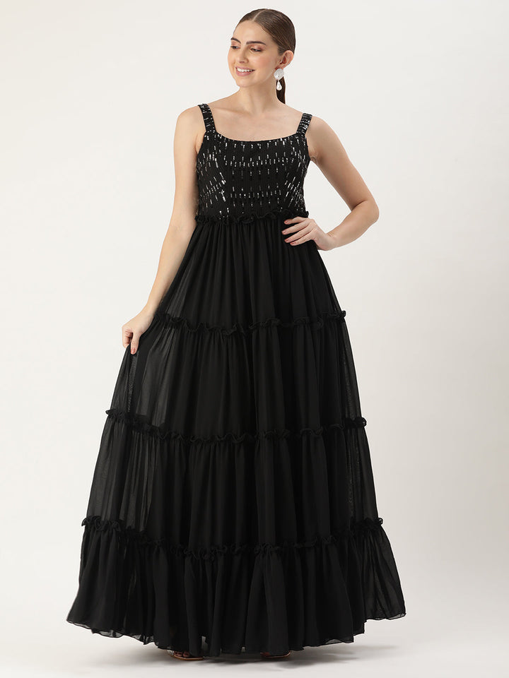 Black Georgette Sequined Bodice Tiered Gown