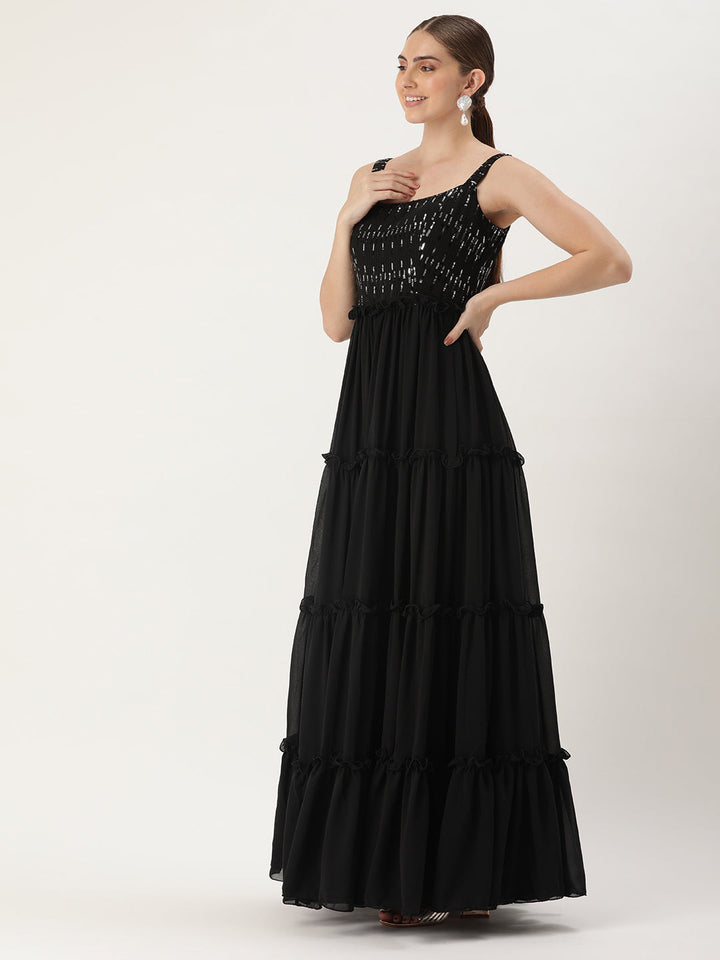 Black Georgette Sequined Bodice Tiered Gown