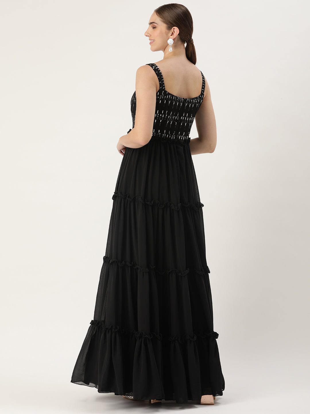 Black Georgette Sequined Bodice Tiered Gown