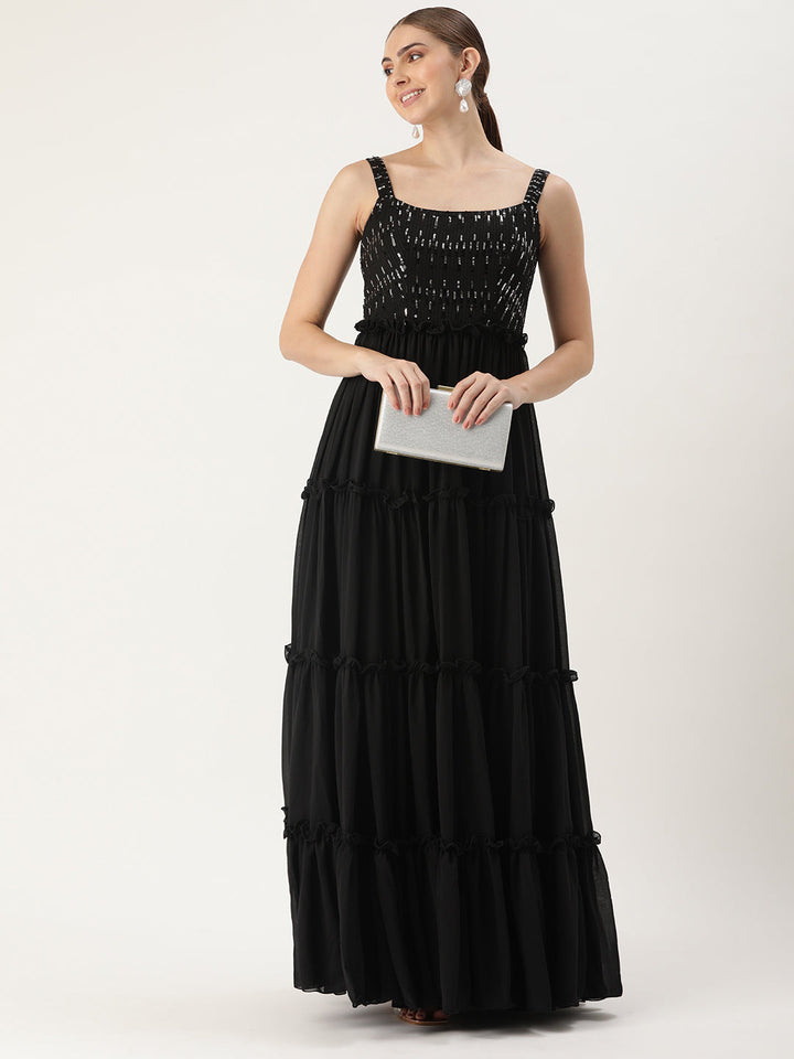 Black Georgette Sequined Bodice Tiered Gown