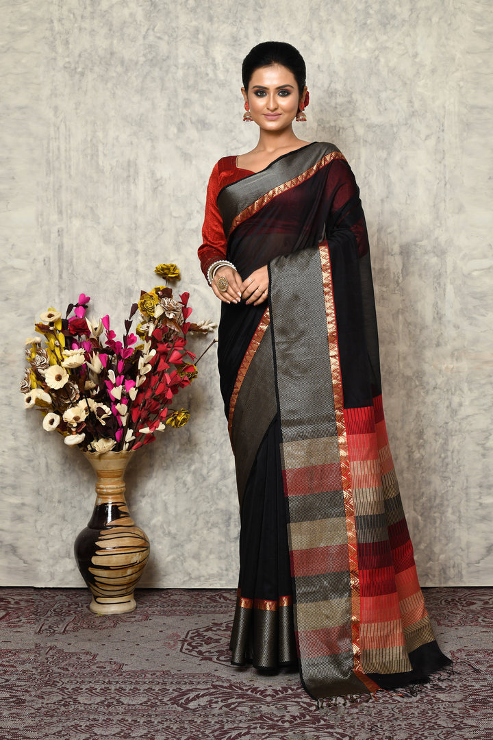 Black Maheshwari Saree With Threadwork