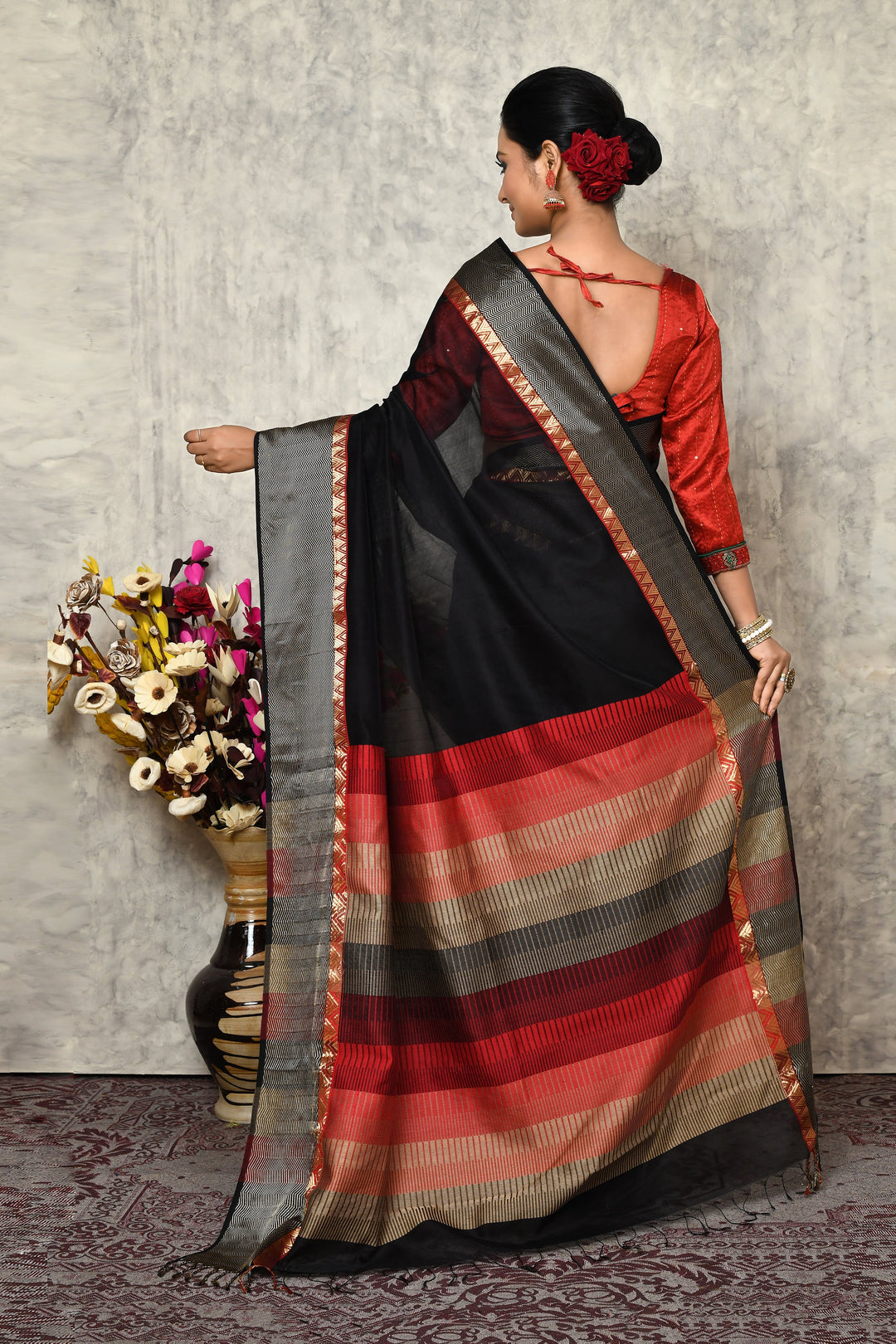 Black Maheshwari Saree With Threadwork