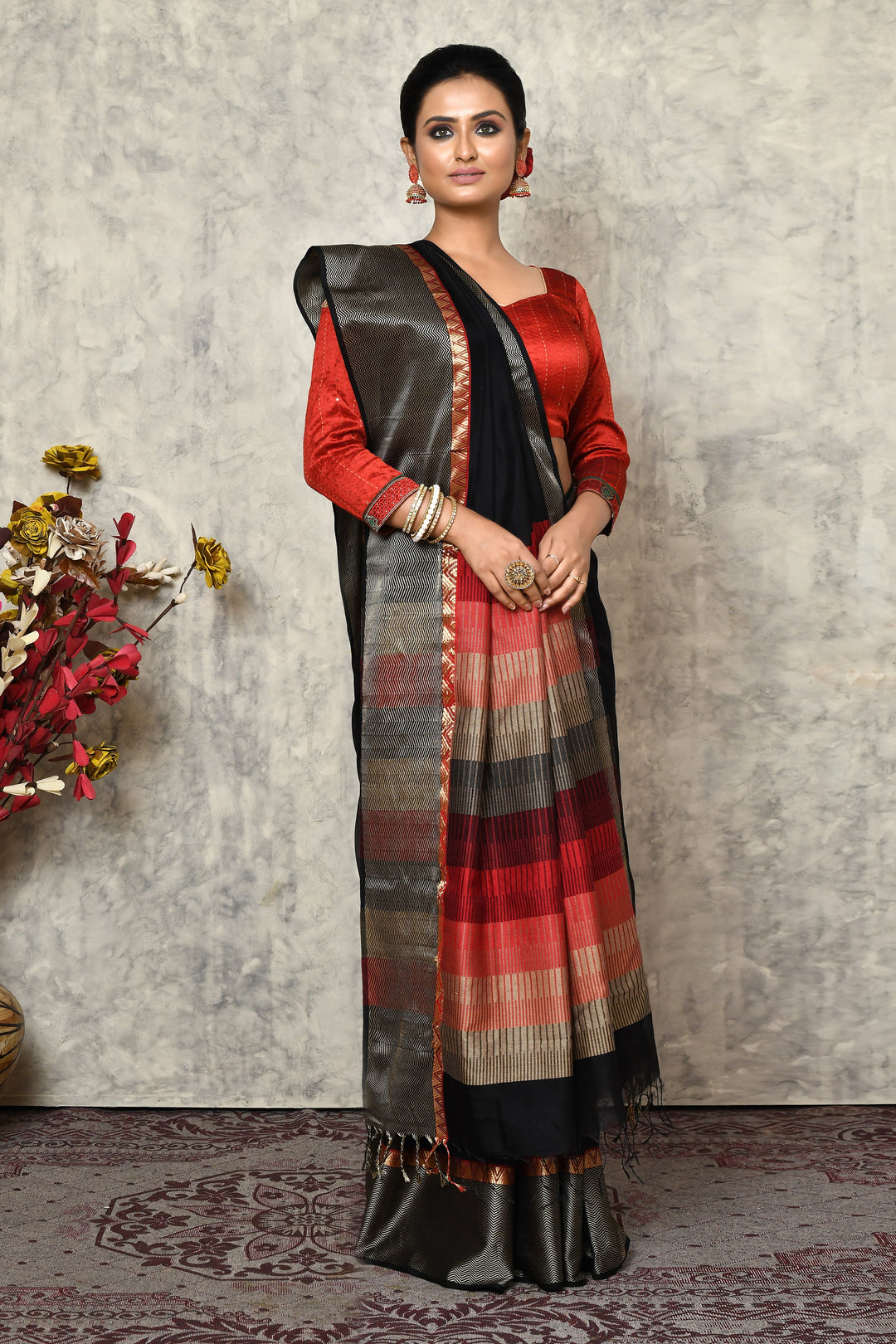 Black Maheshwari Saree With Threadwork