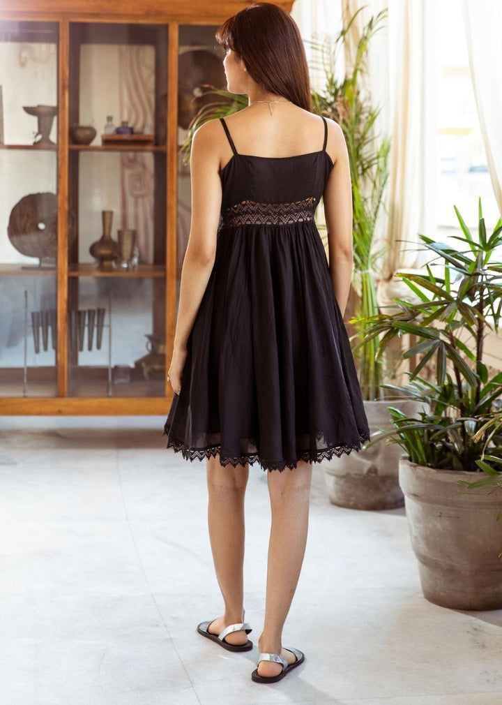Black Mulmul Waist Lace Detailed Strappy Summer Dress