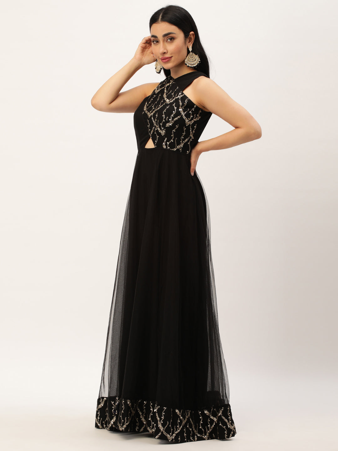 Black Net Embroidered Halter Neck Dresses