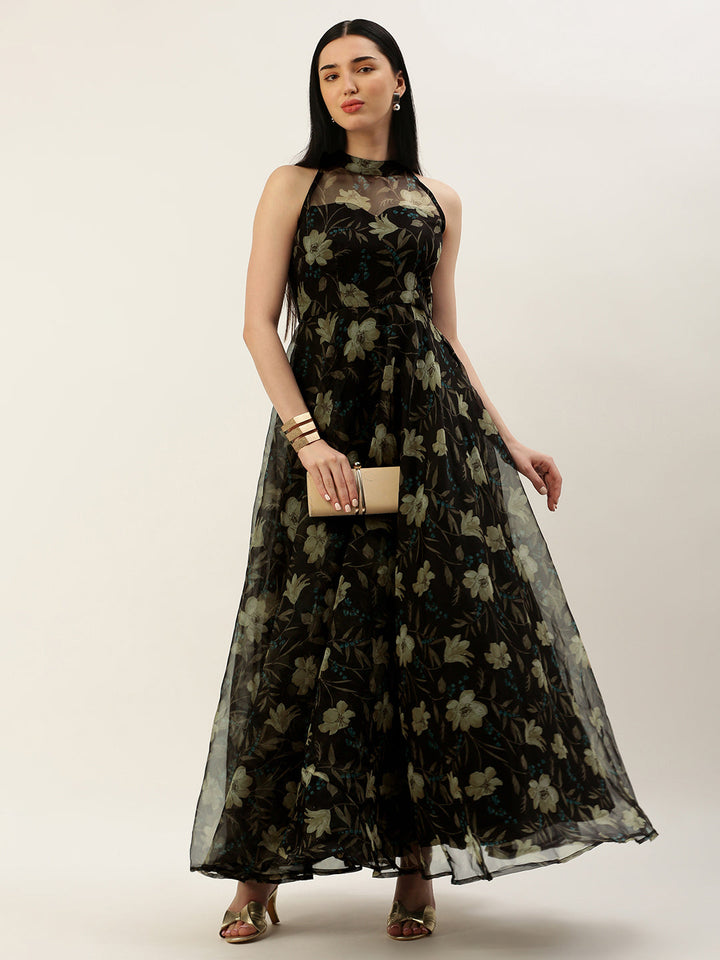 Black Organza Digital Print Halter Neck Sleeveless Gown