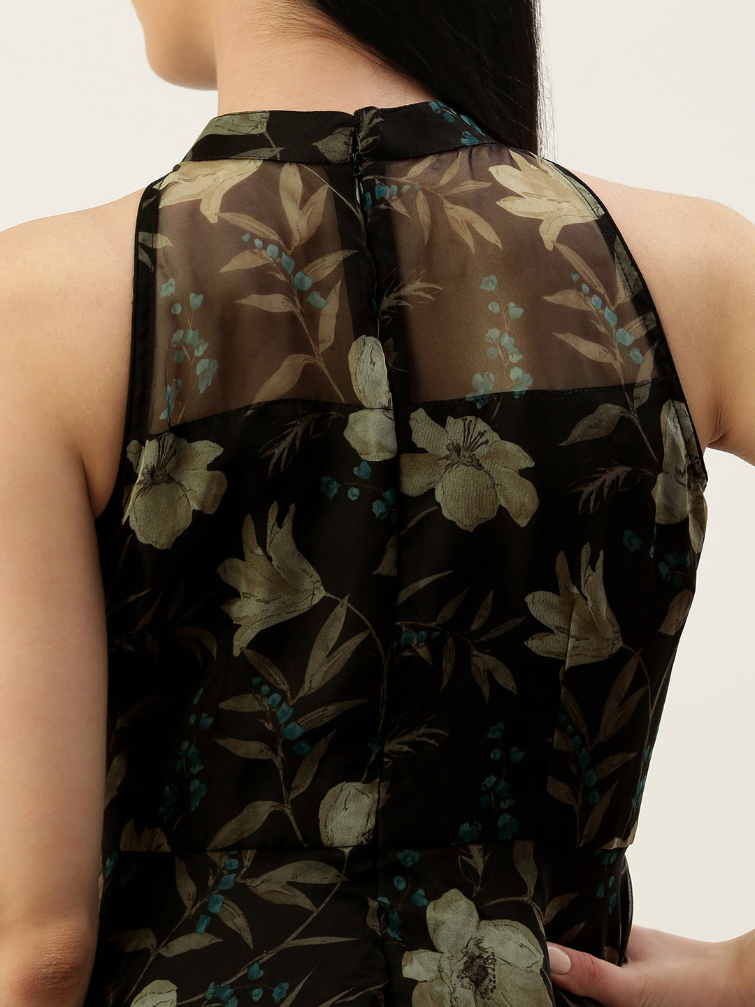 Black Organza Digital Print Halter Neck Sleeveless Gown