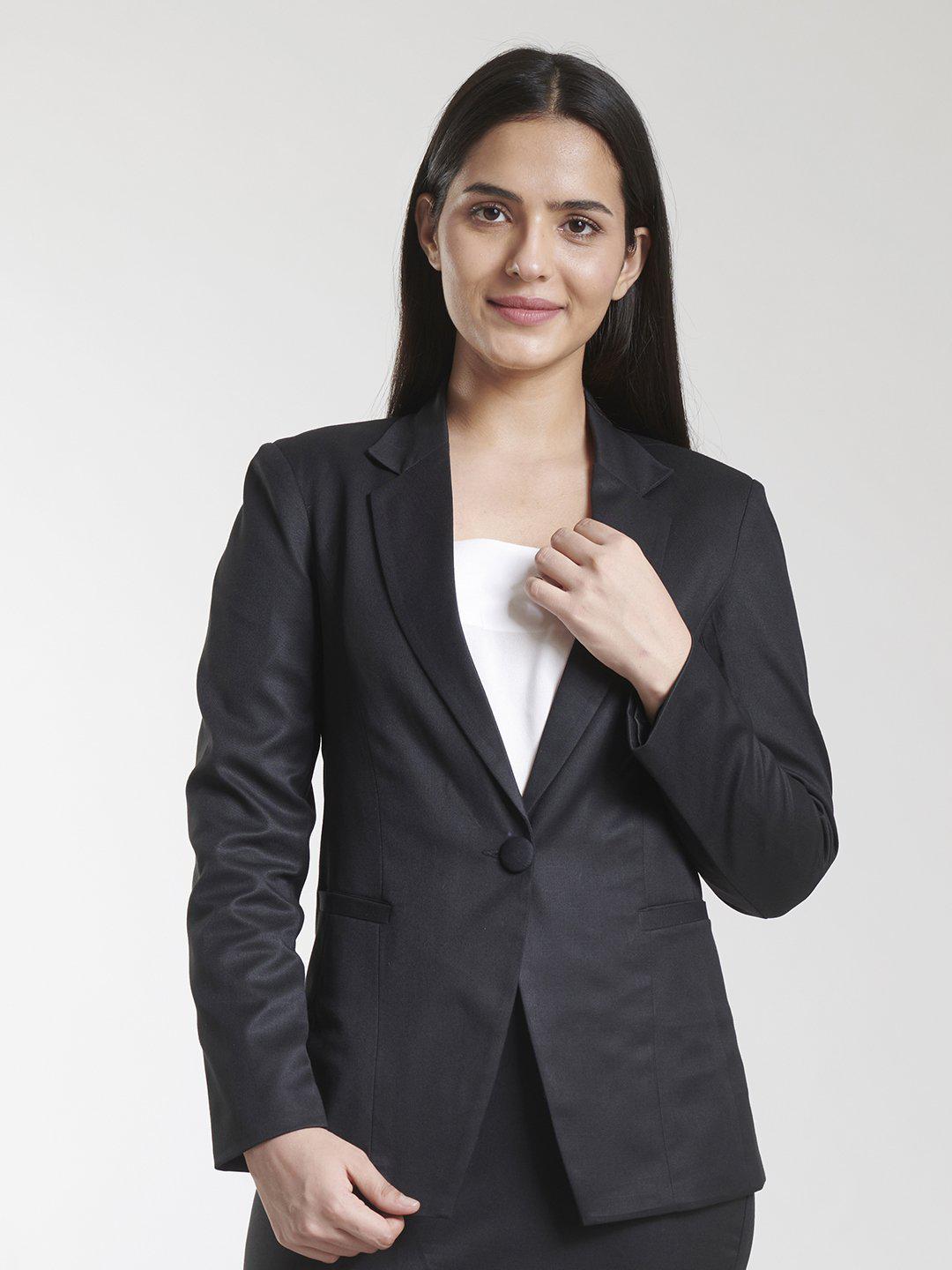 Black Poly Cotton Blend Polyester Single Button Blazer