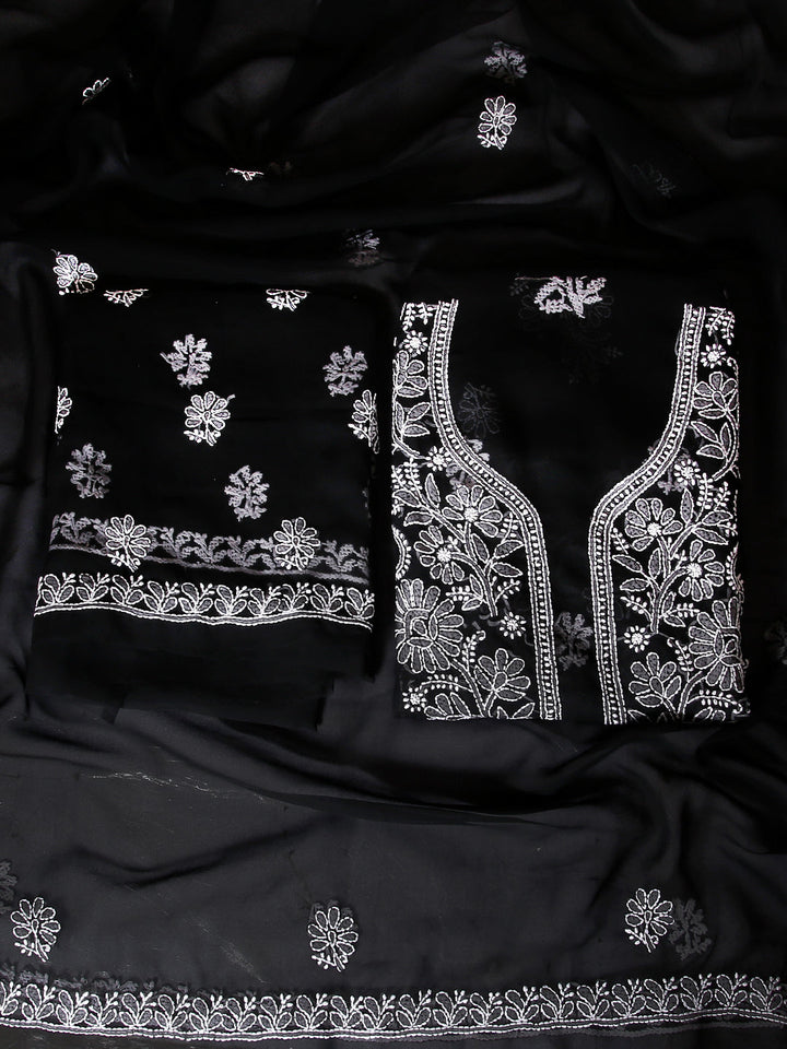 Black Chikankari Unstitched Dress Material