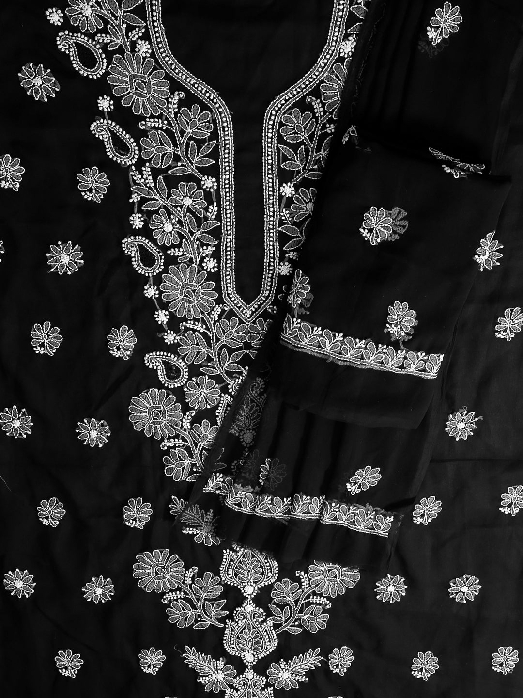 Black Chikankari Unstitched Dress Material