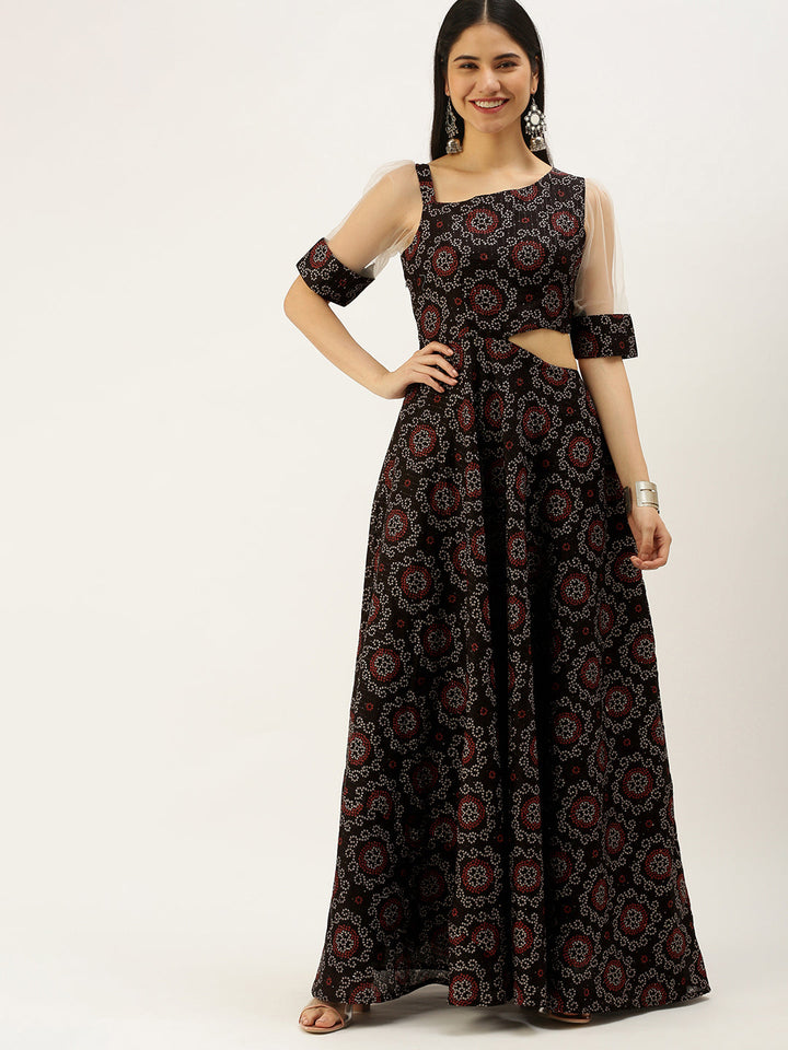 Black-Printed-Art-Silk-Gown