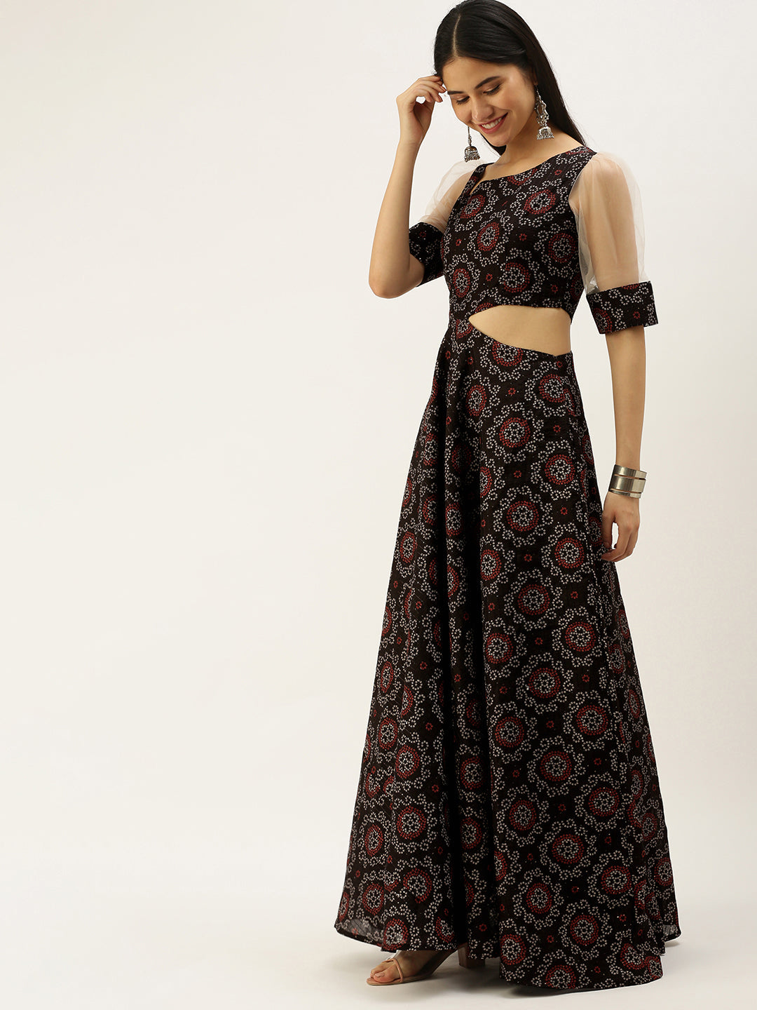 Black-Printed-Art-Silk-Gown