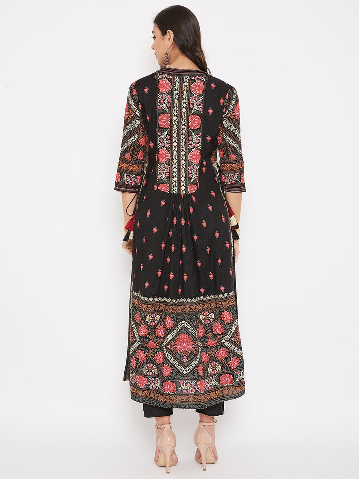 Black Printed Panelled Kurta With Trousers