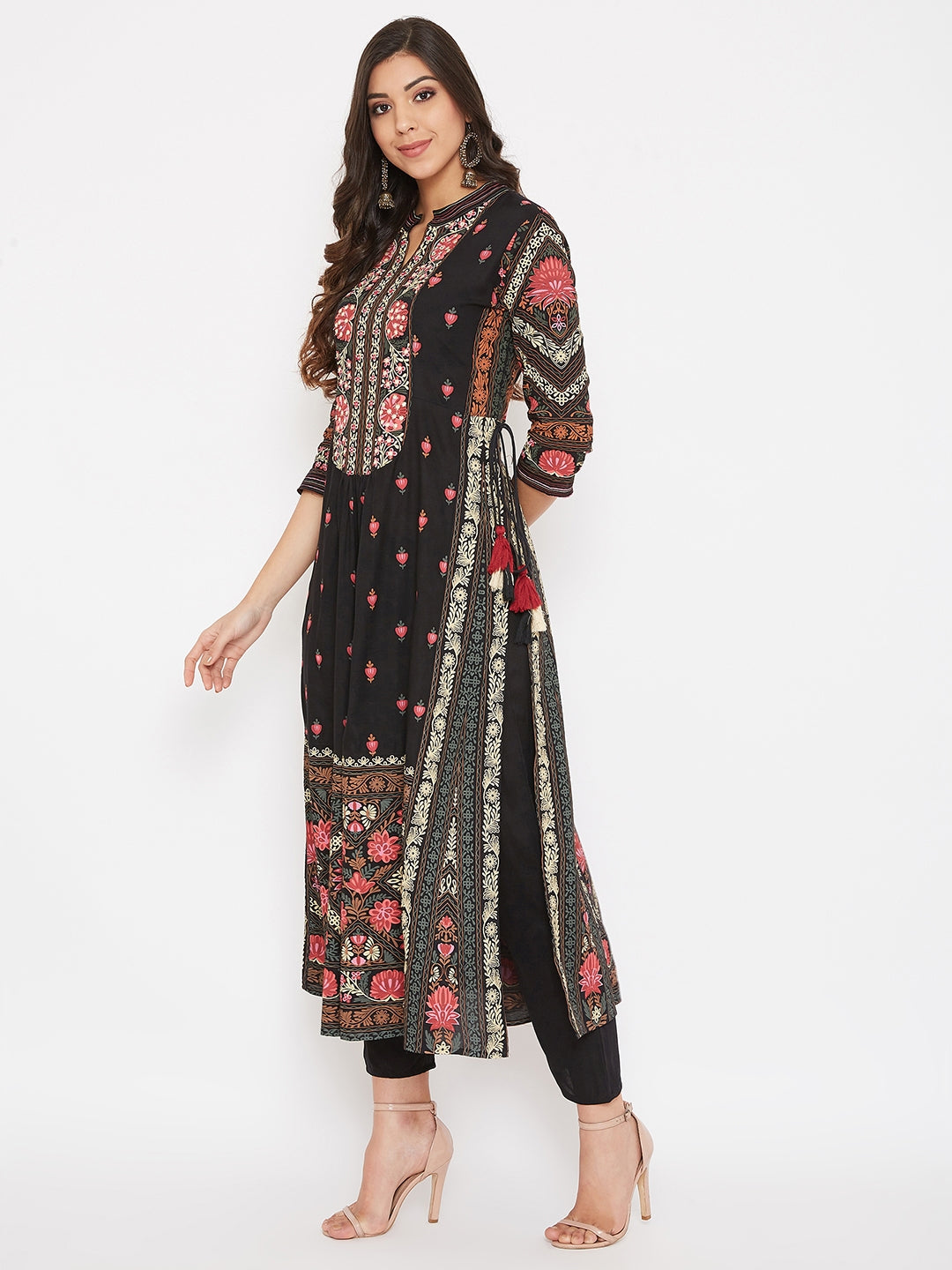Black Printed Panelled Kurta With Trousers