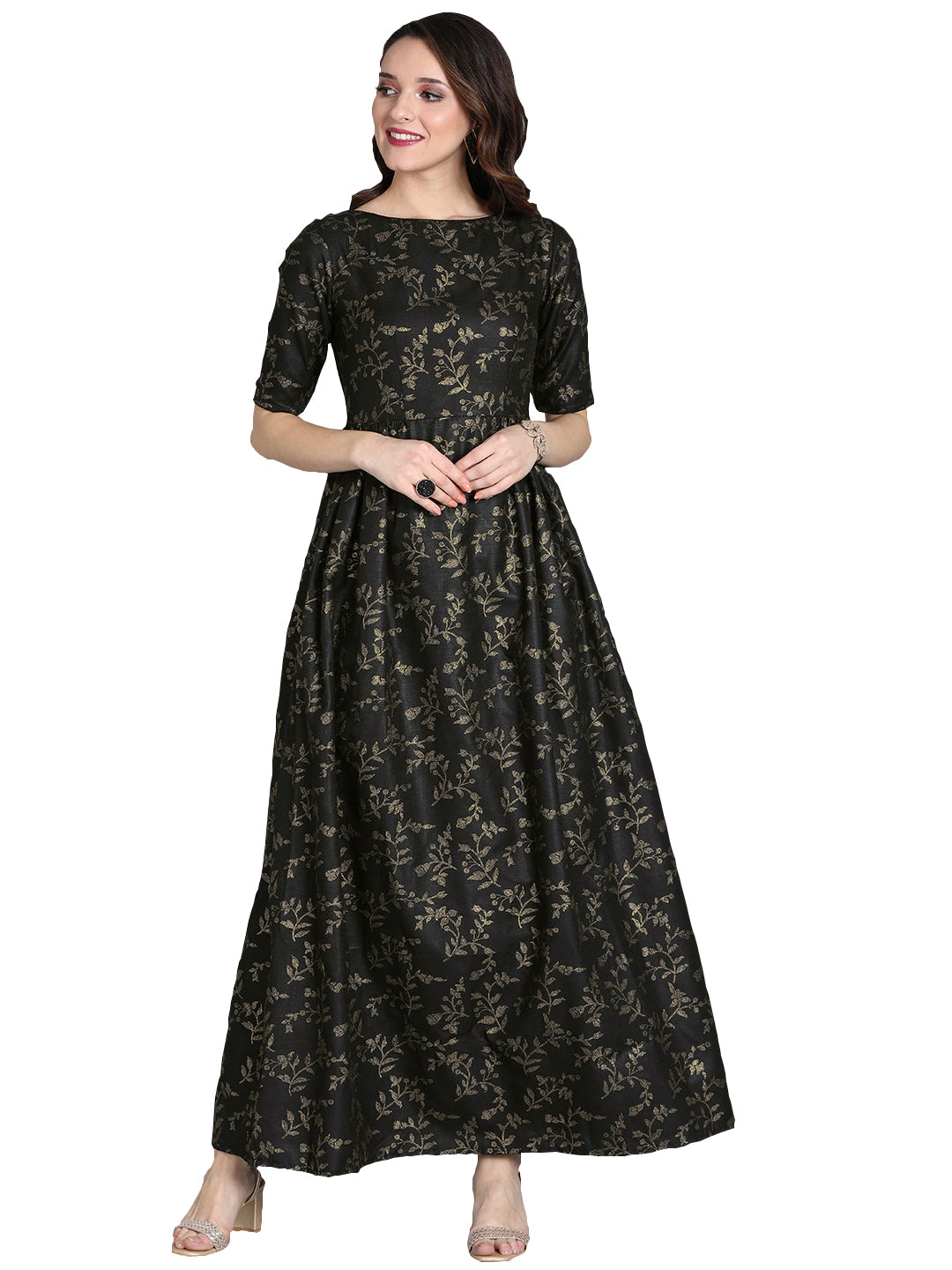 Black-Printed-Rayon-Boat-Neck-Gown