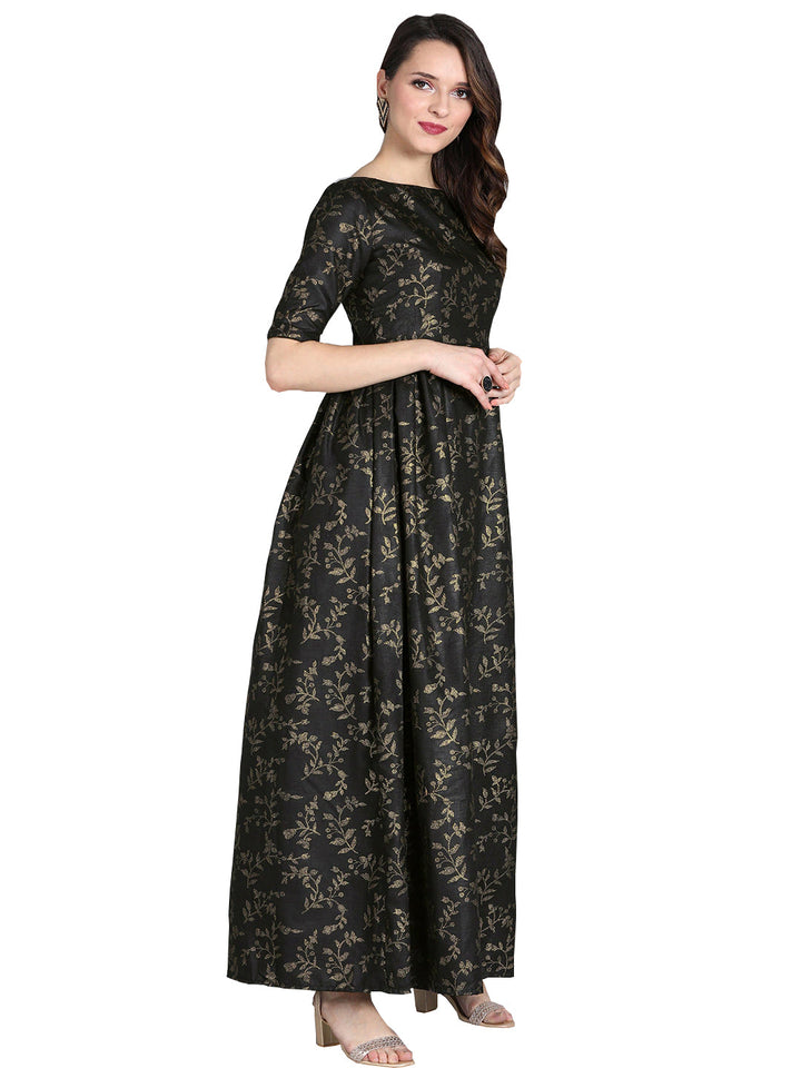 Black-Printed-Rayon-Boat-Neck-Gown