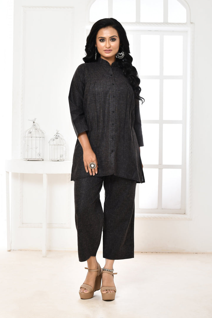 Black Pure Khadi Cotton Gathered Co-Ord Set