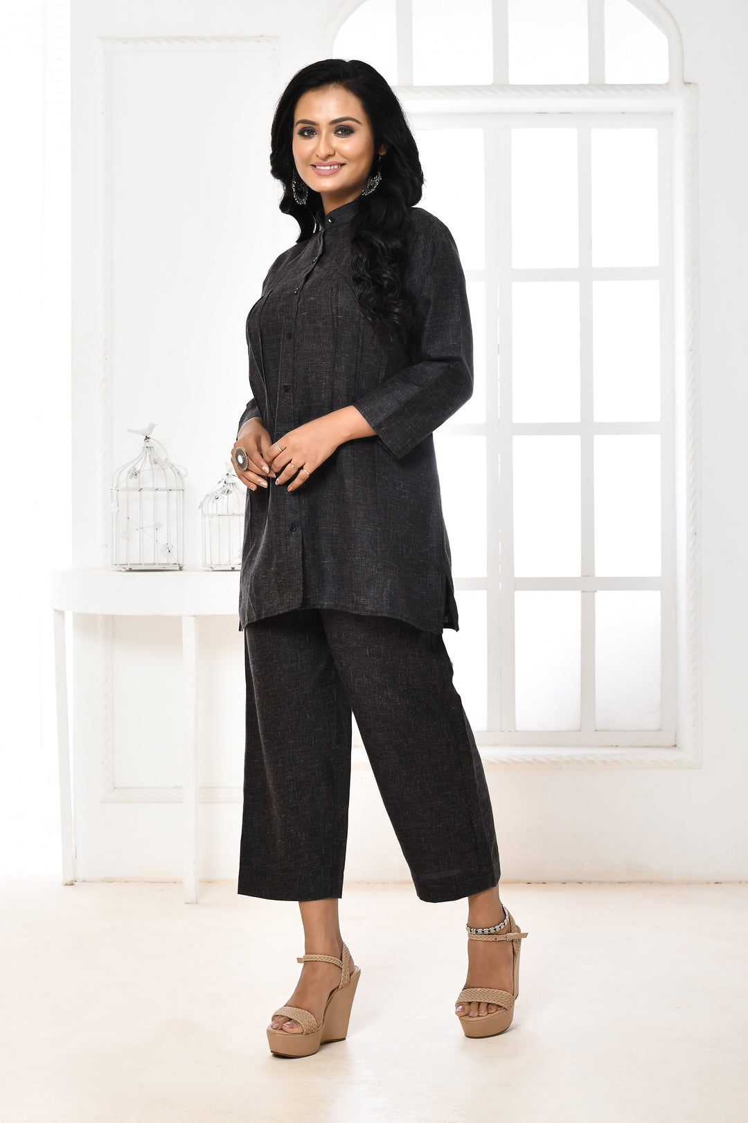 Black Pure Khadi Cotton Gathered Co-Ord Set