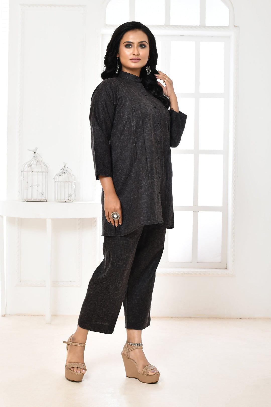 Black Pure Khadi Cotton Gathered Co-Ord Set